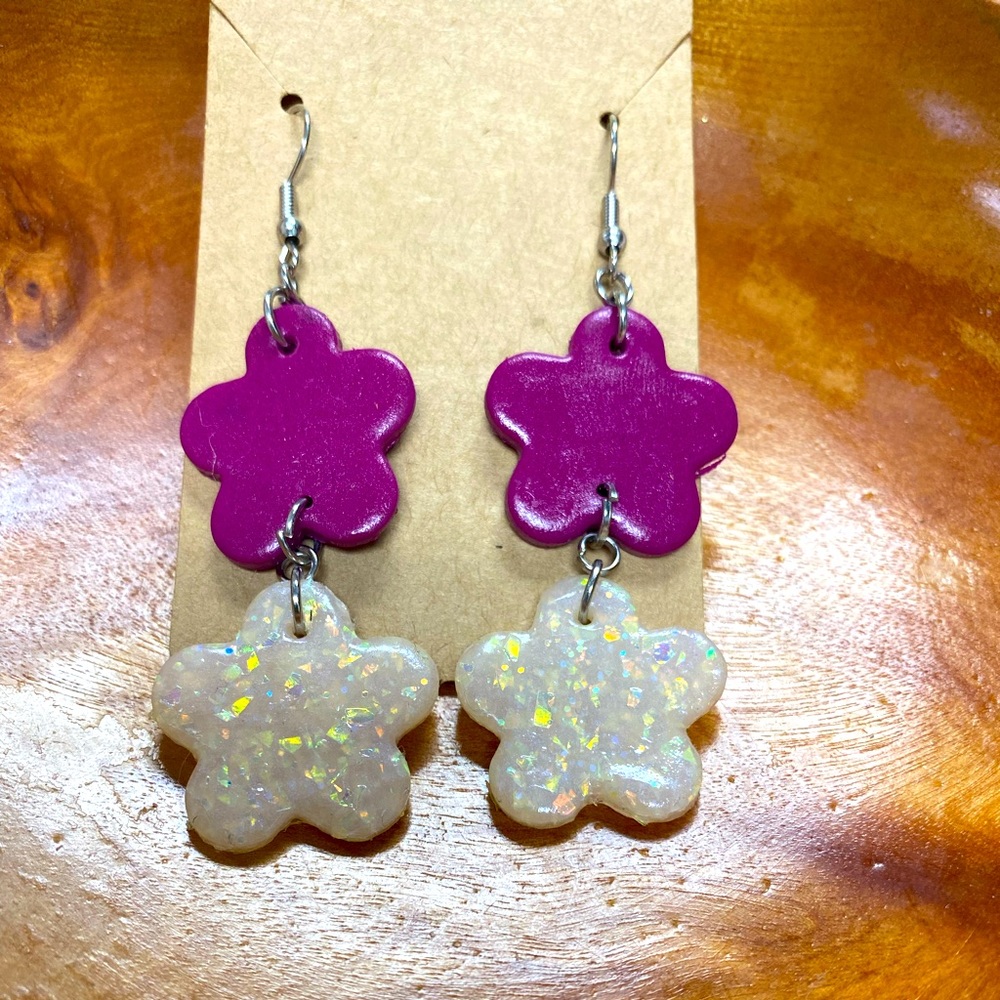 magenta and opal handmade polymer clay earrings
